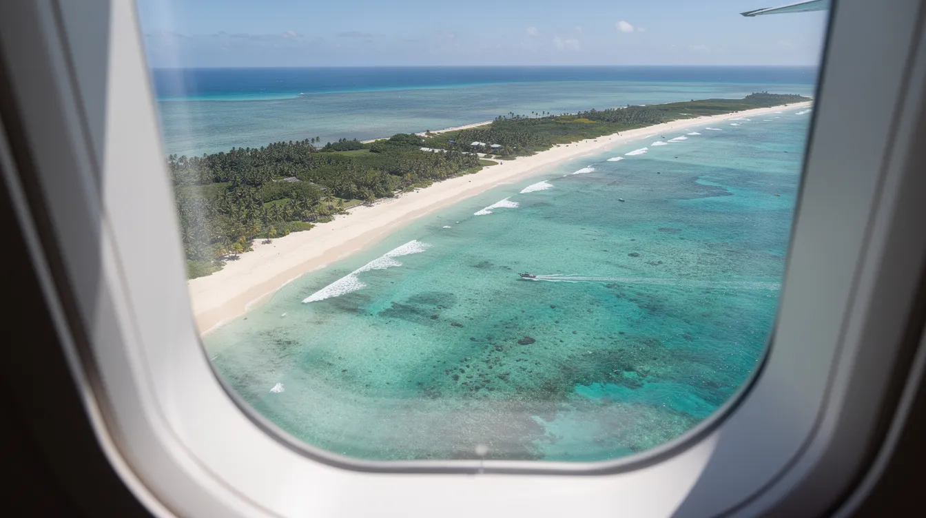 An aerial view from a Boeing business jet captures a stunning tropical coastline with clear turquoise waters below, showcasing the beauty of commercial aviation and the expansive sea. The image reflects the operational flexibility and fuel efficiency of modern aircraft, emphasizing the serene landscape as seen from high above.