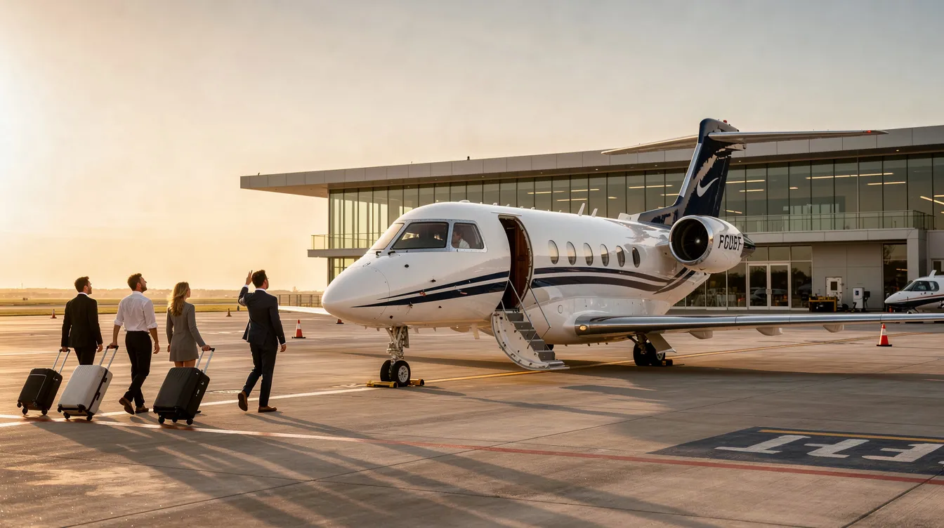 A small private jet is parked on the tarmac at a private aviation terminal, with passengers walking toward the aircraft, ready for their journey. This VIP aircraft, designed for passenger comfort, showcases the sleek lines and modern aesthetics typical of Boeing business jets.