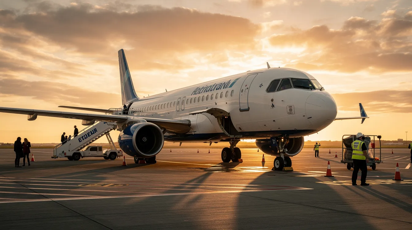 A narrow-body Boeing commercial jet is positioned on the runway at sunset, with ground crew members preparing for boarding using the stairs. The scene captures the essence of commercial aviation, highlighting the aircraft's sleek design and operational readiness for its next flight.