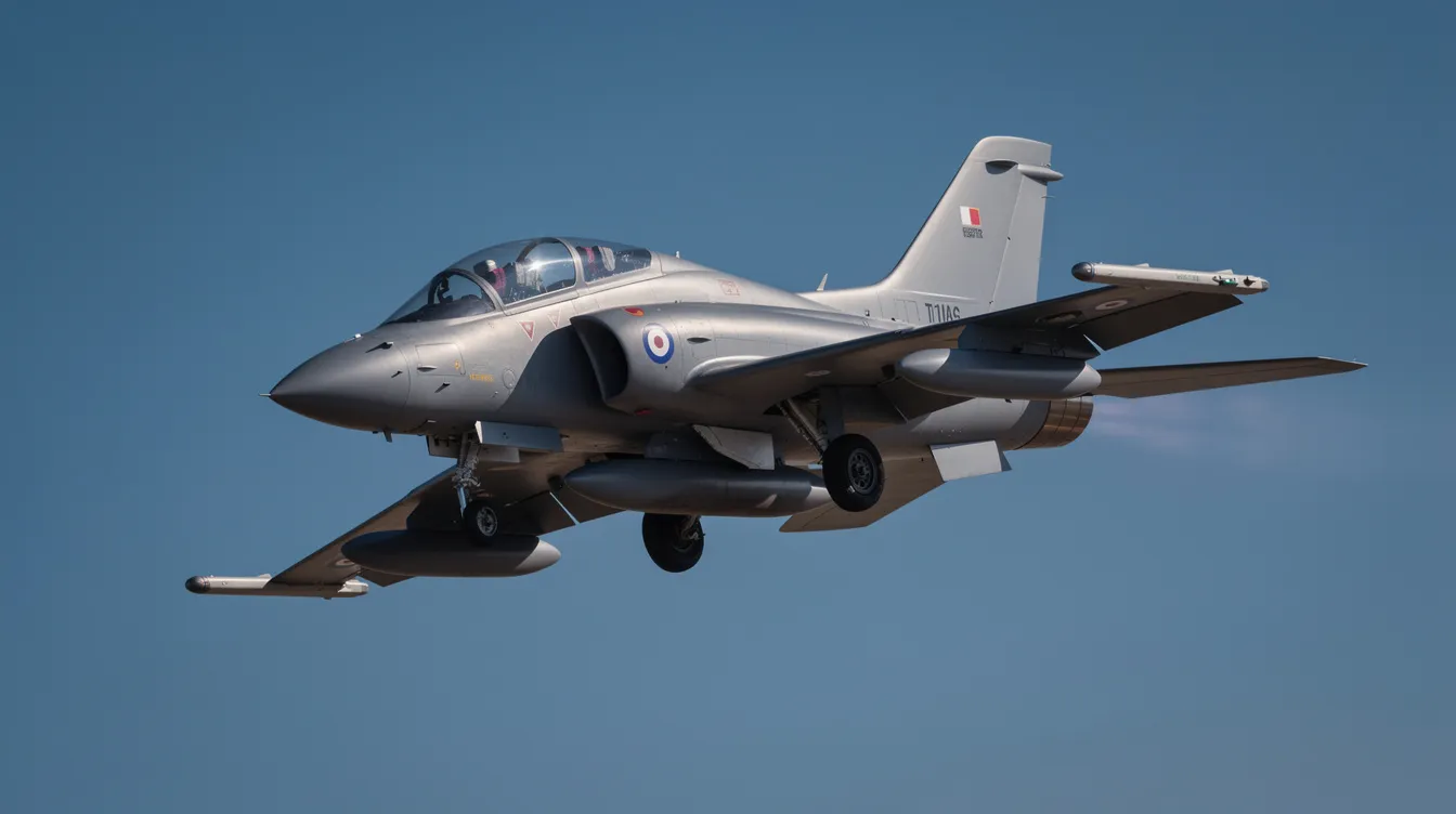 A small military jet trainer aircraft is soaring through a clear blue sky, showcasing its sleek design and agility. This type of aircraft is often used for training professional pilots in the aviation industry.