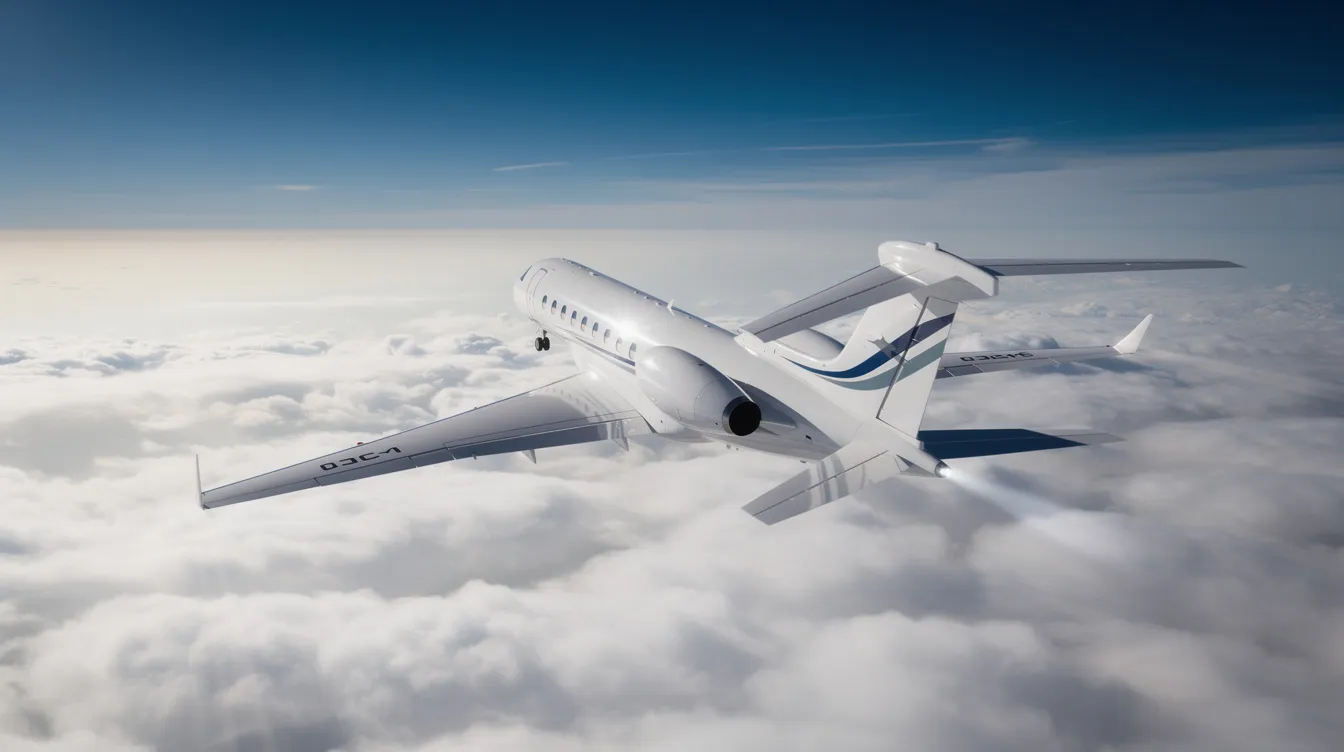 An aerial view captures a sleek private jet soaring gracefully above a blanket of fluffy white clouds, showcasing the luxury of private aviation. This image evokes the essence of business travel, reminiscent of Elon Musk's private jet fleet navigating the skies.
