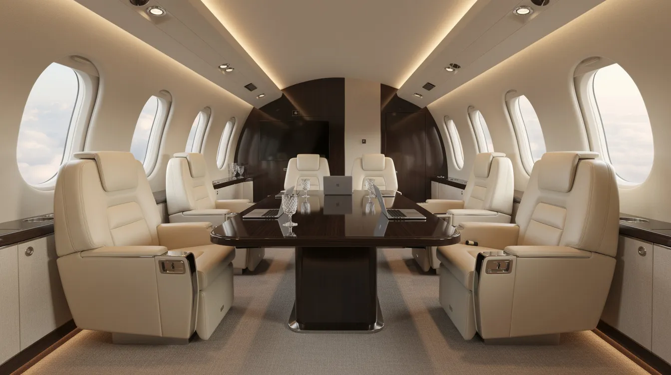 The image depicts the luxurious interior of a private jet, featuring plush leather seats arranged around a sleek conference table, all illuminated by soft cabin lighting. This spacious cabin exemplifies the elegance of business aviation, making it ideal for meetings or relaxation during intercontinental flights.
