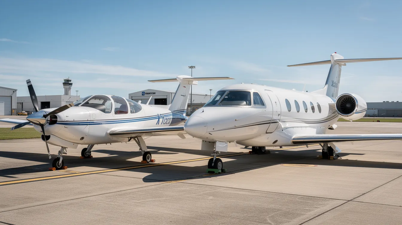 The image shows a small single-engine propeller airplane and a sleek modern business jet parked side by side on an airport ramp, highlighting the contrast between general aviation and commercial airlines. This scene captures the essence of air travel, emphasizing the importance of aviation safety and the role of air traffic control in managing different types of aircraft.