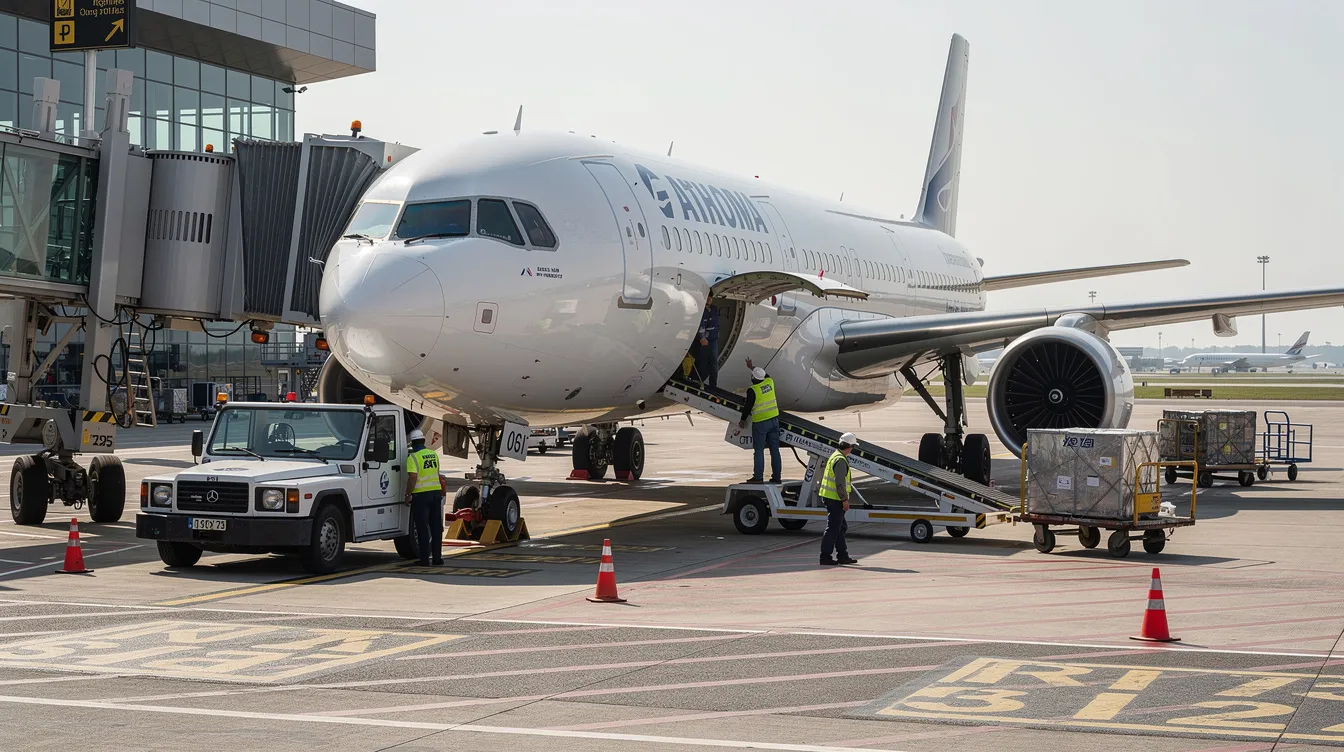 A large commercial aircraft is parked at an airport gate, surrounded by ground crew and equipment preparing for the next flight. The scene captures the bustling atmosphere of air travel, highlighting the teamwork of flight crew members and the importance of aviation safety at an international airport.