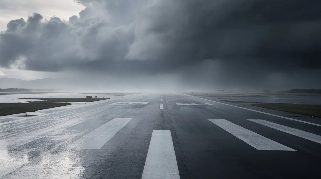 The image depicts an airport runway from ground level, under dramatic weather conditions with dark storm clouds looming in the background, emphasizing the challenges air traffic controllers face during severe weather. This scene highlights the importance of aviation safety and the potential for emergencies, such as engine failure or emergency landings, that can occur in such conditions.