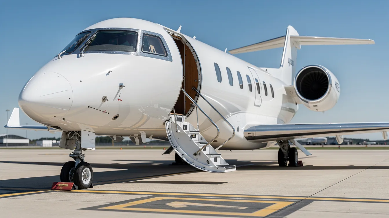 A modern private business jet with its door open and stairs extended sits on a clean tarmac under clear skies, highlighting the sleek design typical of general aviation aircraft. This scene contrasts sharply with the serious nature of aviation safety, as it stands in stark relief to the tragic incidents often investigated by the National Transportation Safety Board.