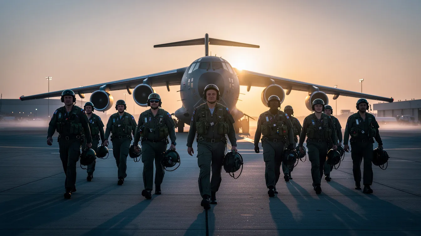 A group of six US Air Force service members walks across the tarmac toward a KC-135 Stratotanker at dawn, preparing for a combat mission in hostile territory. The scene captures the readiness and determination of the crew as they approach the large aircraft, symbolizing their commitment to operations in the Middle East.