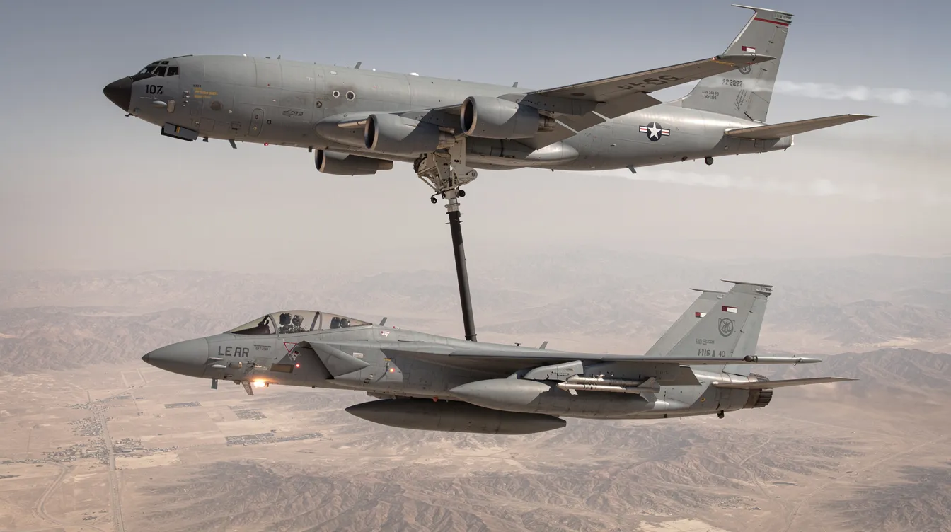 The image shows two military aircraft, a KC-135 Stratotanker and another aircraft, performing an aerial refueling operation, with the tanker positioned above while the other aircraft trails below in friendly airspace over western Iraq. This scene highlights the vital role of tankers in supporting service members during combat missions, ensuring they can operate effectively in hostile environments.