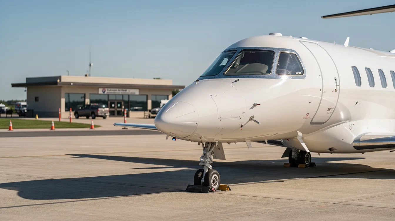 A light private jet is parked on a serene general aviation ramp, with a small terminal building visible in the background under a clear blue sky. This scene captures a peaceful moment at Chesapeake Regional Airport, a hub for travelers and pilots in coastal Virginia.