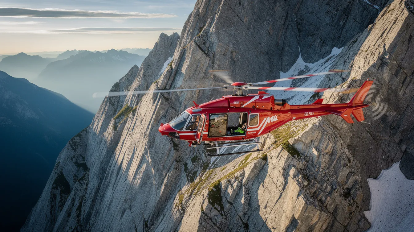 A red search and rescue helicopter is flying near a rocky mountain cliff face, showcasing its versatility as a rotary wing aircraft. The helicopter's main rotor blades are spinning rapidly, demonstrating its ability to maintain altitude and perform rescue operations in challenging terrain.