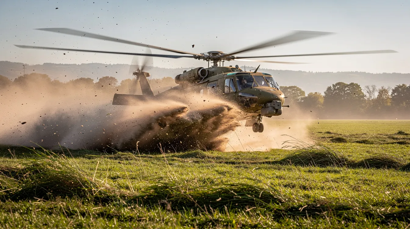 A helicopter hovers low over a grassy field, with dust being kicked up by the rotor wash from its main rotor blades. This versatile aircraft, often used in military operations and search and rescue missions, demonstrates its ability to maintain altitude while creating lift in the air density near the ground.