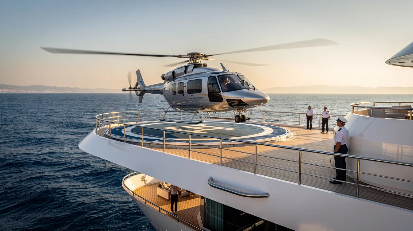 A sleek helicopter is landing on a yacht's helipad, with the vast ocean stretching out in the background. The helicopter's rotor blades are in motion, demonstrating its ability to land vertically, a key feature of rotary wing aircraft.