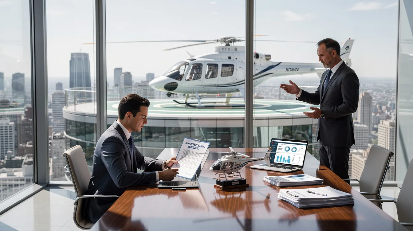 The image depicts a modern helicopter, symbolizing the concept of helicopter leasing for personal or business use, highlighting the benefits of flexible lease payments and financing options. It illustrates the aviation industry’s investment opportunities, catering to operators and customers seeking reliable aircraft for various needs.
