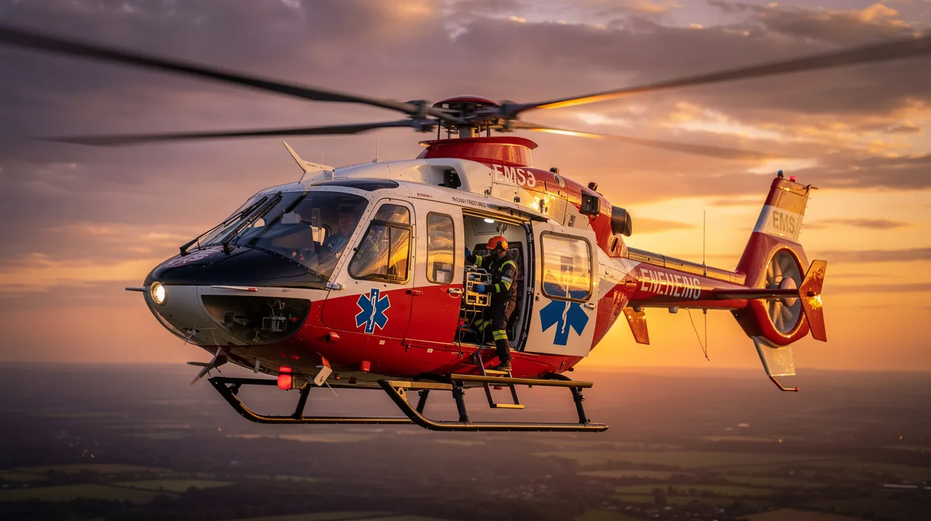 A helicopter is depicted flying against a vibrant sunset, engaged in an emergency medical services flight, showcasing the crucial role of helicopter pilots in medical emergencies. This scene highlights the importance of proper flight training and the skills required to become a professional helicopter pilot.