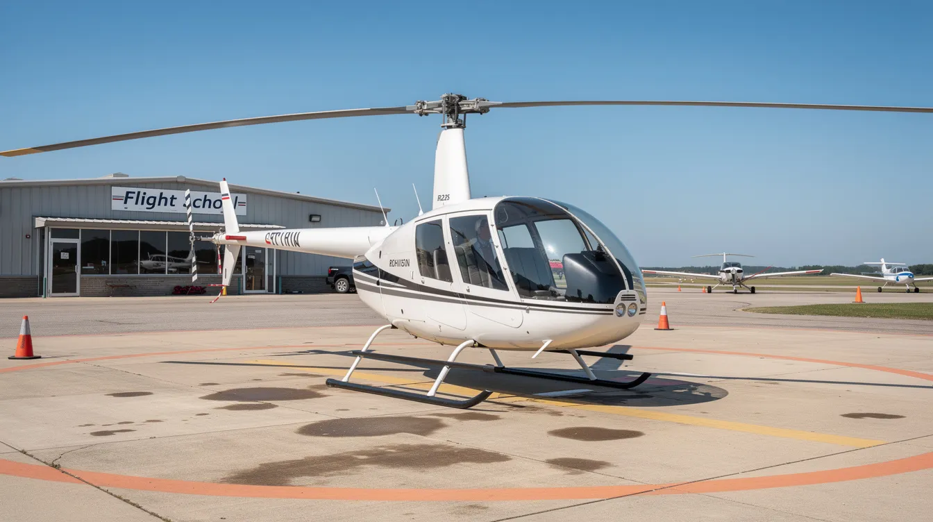 A Robinson R22 helicopter is parked on a helipad at a flight school, ready for helicopter flight training. This setting highlights the essential environment for aspiring helicopter pilots to gain their private pilot helicopter license through comprehensive flight instruction and practical flight tests.