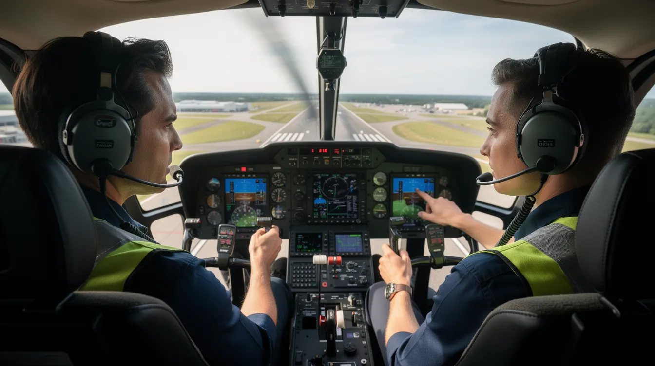A student pilot is seated in the cockpit of a helicopter alongside a certified flight instructor during a helicopter flight training session. They are engaged in practical flight instruction, preparing for the skills needed to obtain their private pilot helicopter license.