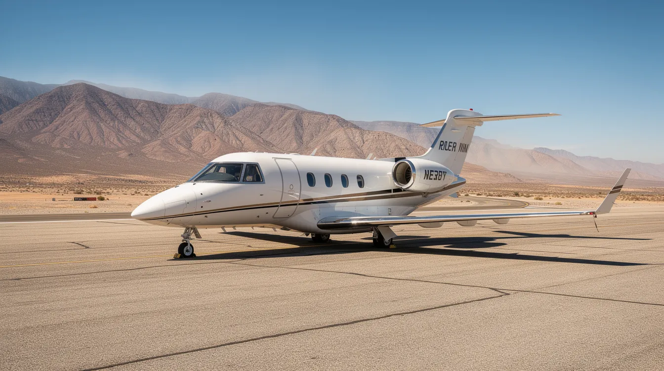 A small private jet is parked on a tarmac runway, surrounded by arid desert mountains under a clear blue sky, evoking a sense of adventure for those looking to explore the nearby natural wonders of Grand Canyon National Park or take a helicopter ride to Havasu Falls. The scene captures the tranquility of the desert landscape, inviting visitors to consider their next trip to the breathtaking Havasupai Indian Reservation.