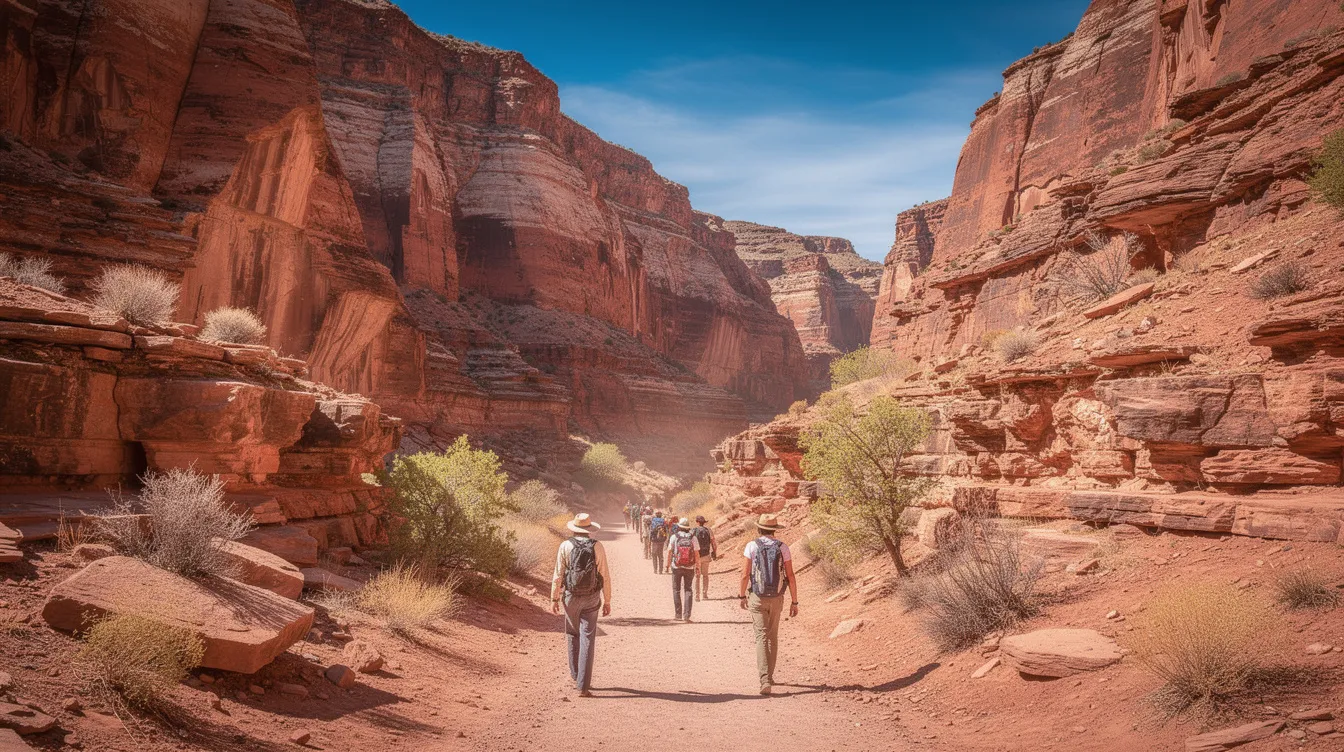 A group of hikers walks along a dusty desert trail flanked by towering red and orange canyon walls under a bright blue sky, showcasing the stunning landscape of Grand Canyon National Park. This scenic route is reminiscent of the breathtaking views found near Havasu Falls and the Havasupai Indian Reservation.