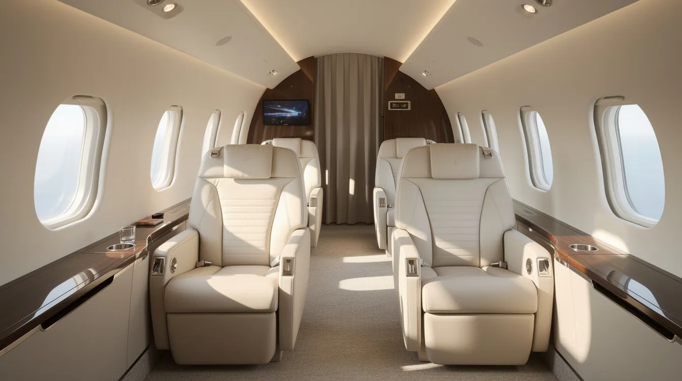 The image depicts the interior of a spacious private jet cabin, featuring wide leather seats and ample natural light streaming in through oval windows. This luxurious setting could be ideal for air ambulance transport, providing a comfortable environment for patients requiring medical care during a medevac flight.
