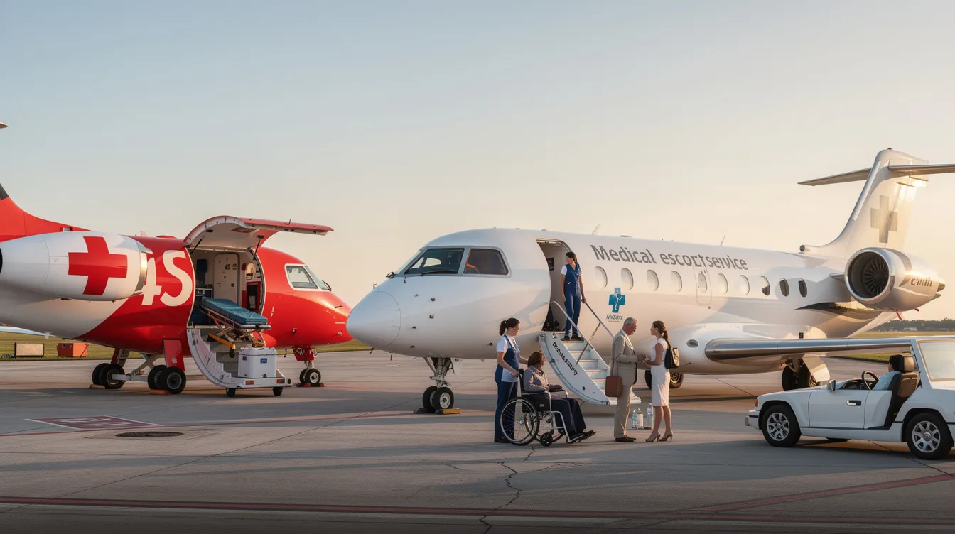 The image depicts an air ambulance alongside a commercial medical escort and a private charter equipped with medical support. This scene highlights various air ambulance services and medical transport options available for patients in need of emergency medical care, featuring specialized equipment and a professional medical crew ready to assist.