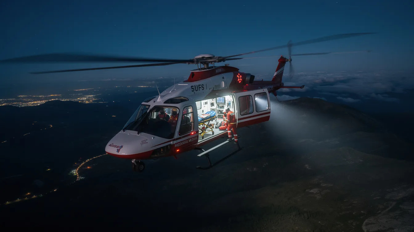 The image depicts a medevac flight in progress, showcasing an air ambulance transporting a patient in a medical emergency. The aircraft is equipped with specialized medical equipment and staffed by a medical crew, ready to provide advanced life support during the air medical transport to the nearest appropriate medical facility.