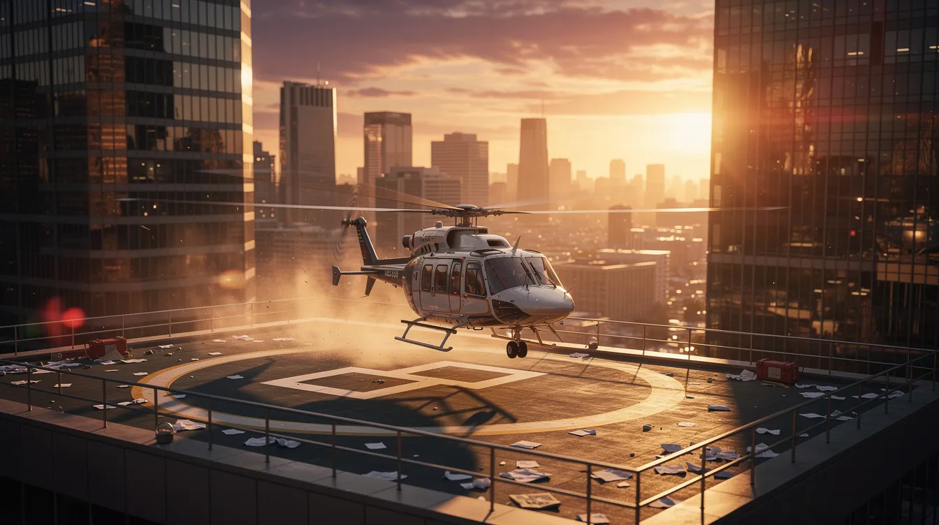 A helicopter, likely a Bell 407, is landing on a rooftop helipad in an urban area during sunset, casting a warm glow on its sleek design. The scene highlights the operational aspects of helicopters, including their fuel efficiency and cost per hour, as it prepares to transport passengers in the bustling city below.