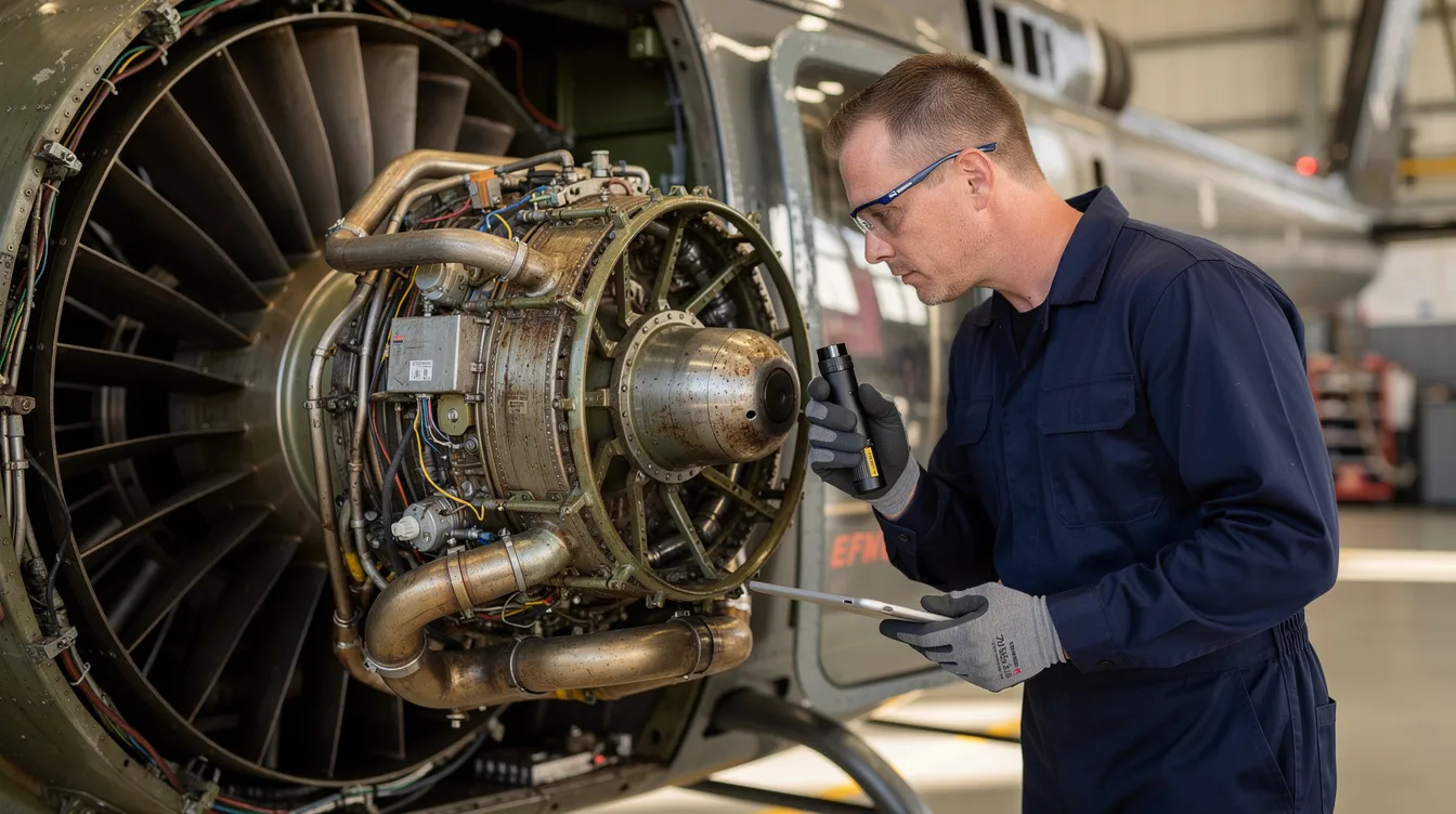 A mechanic is closely inspecting a turbine engine on a helicopter, focusing on its intricate components and maintenance needs. This detailed view highlights the importance of regular maintenance for optimizing fuel efficiency and reducing operating costs for helicopter operators like those using the Bell 407.