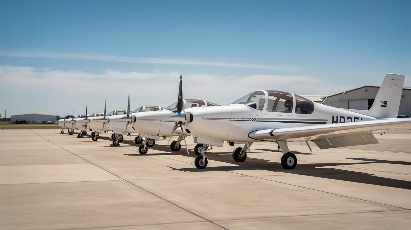 A row of small white training aircraft is parked on a flight school ramp under a clear blue sky, highlighting the environment where student pilots undergo flight training to build their flight hours and achieve their private pilot certificate. The scene reflects the beginning of many successful aviation careers in the aviation industry.