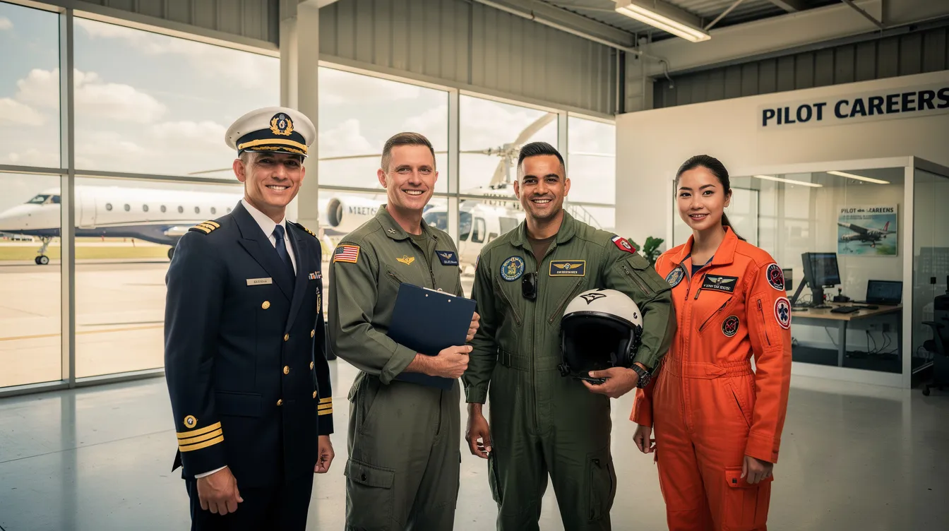 The image depicts various aspects of pilot careers, showcasing airline and commercial pilots in action, alongside flight instructors and student pilots engaged in flight training. It highlights the aviation industry, emphasizing the rigorous training and specialized knowledge required to become a successful pilot, including flight hours and safety protocols.