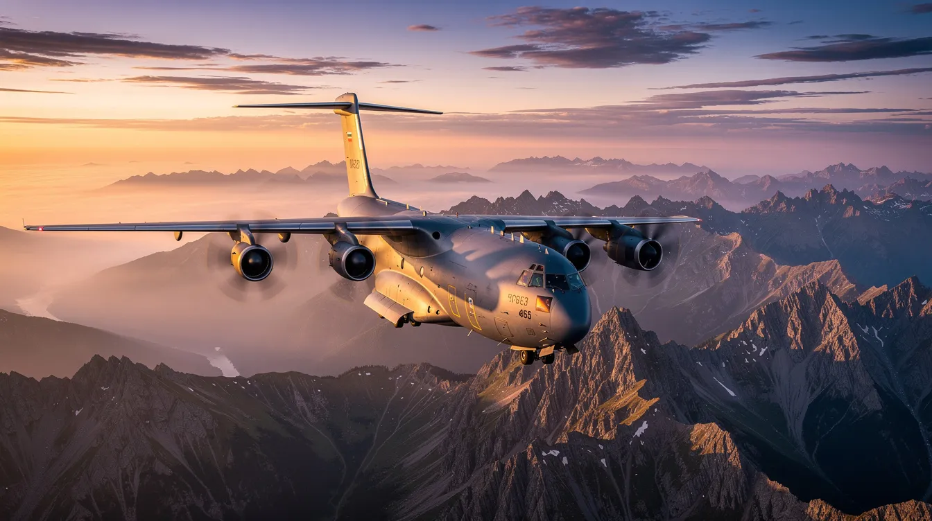 A military cargo aircraft is soaring over rugged mountainous terrain, illuminated by the warm hues of a sunset. The scene captures the aircraft's powerful silhouette against the vibrant sky, highlighting its role in transporting essential supplies and personnel in challenging environments.