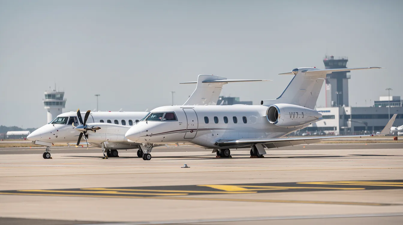 The image depicts three private jets of varying sizes parked side by side on an airport ramp, showcasing a small turboprop, a midsize jet, and a large business jet. This scene highlights the diversity in private aviation, illustrating options available for private jet charter services, from light jets to ultra long range jets.