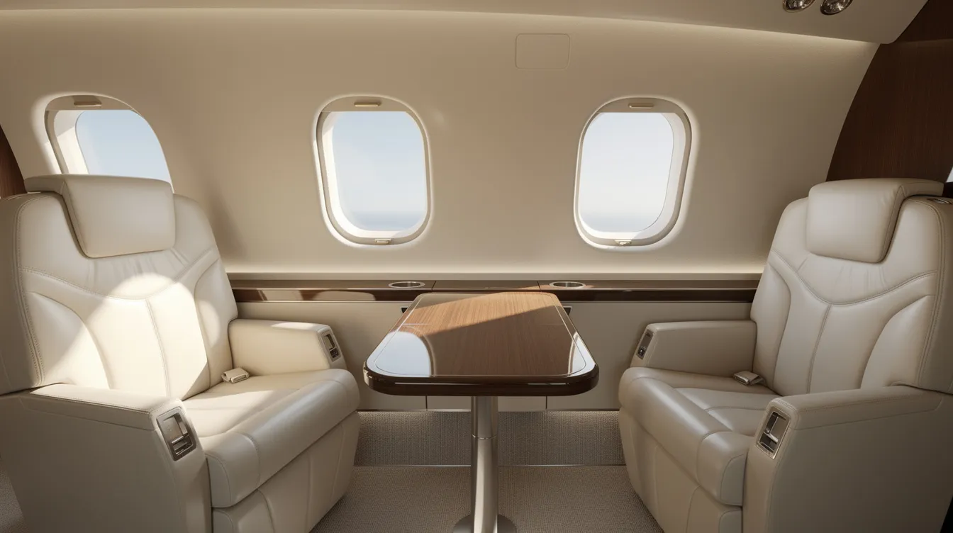 The image depicts the interior of a private jet cabin featuring cream leather seats, a small table, and natural light streaming in through oval windows, creating a luxurious and inviting atmosphere for private jet travel. This elegant setting highlights the comfort and exclusivity associated with private jet charters.