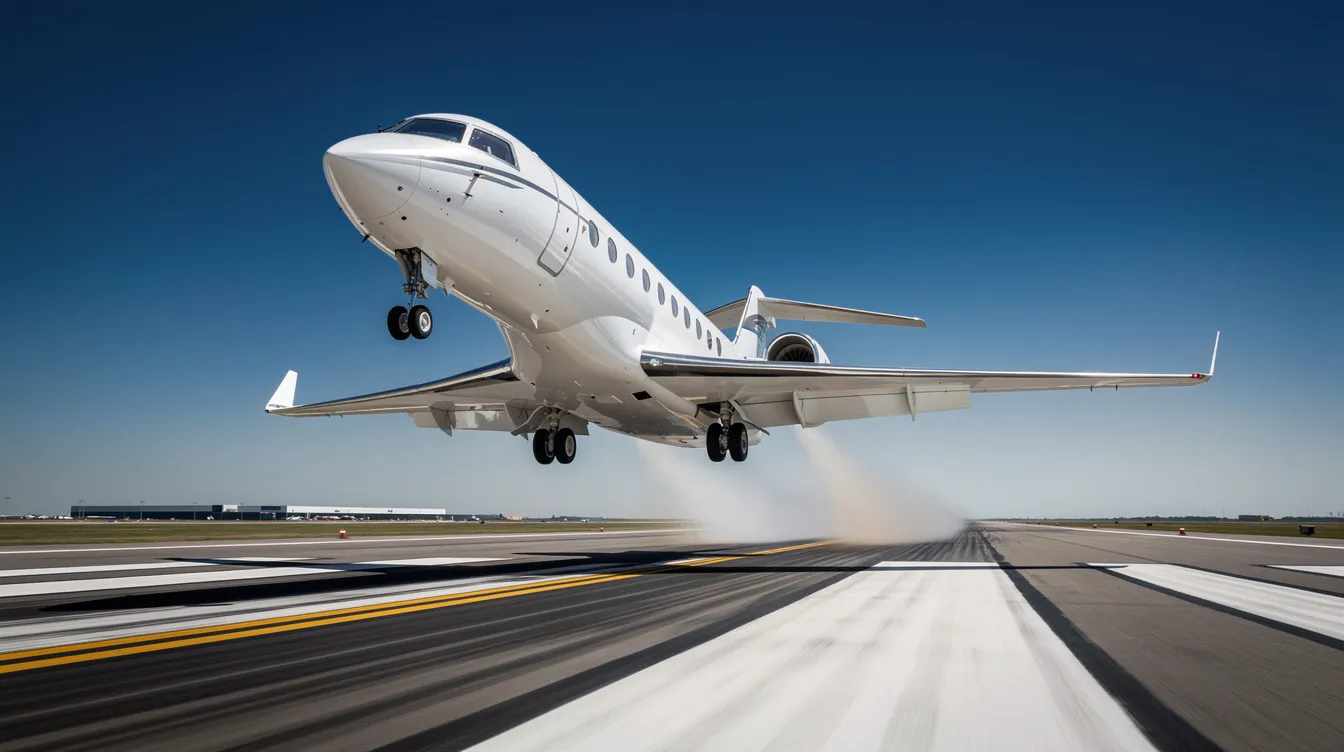 A sleek white private jet is taking off from a runway, soaring into a clear blue sky, symbolizing the luxury and efficiency of private jet travel. This scene captures the essence of private jet charter services, highlighting the seamless experience of flying in an efficient aircraft.