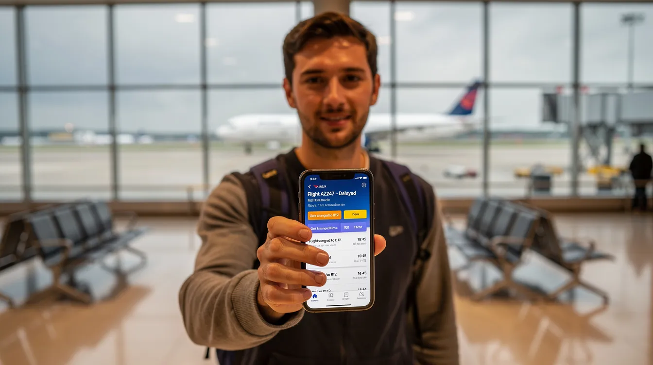 A traveler at an airport gate is intently looking at their smartphone, which displays real-time flight status notifications from the Southwest app, providing up-to-date information on their scheduled departure time and any potential delays. This allows them to stay informed and manage their travel plans effectively, ensuring a stress-free experience at the airport.