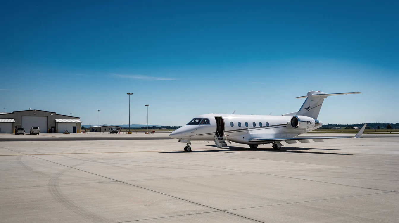 A small private jet is parked on a tarmac at a regional airport under clear skies, offering a glimpse into the travel experience for passengers. This serene setting emphasizes the convenience and comfort of flying, with potential for real-time updates on flight status and scheduled departure times.