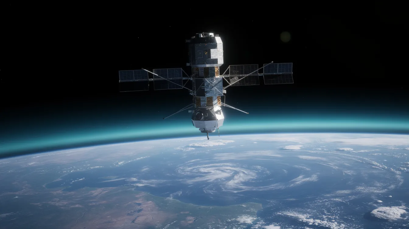 The image shows a satellite orbiting Earth, with the planet's curvature and atmosphere clearly visible below. This view captures the vastness of the world, highlighting the intricate relationship between space and our planet.