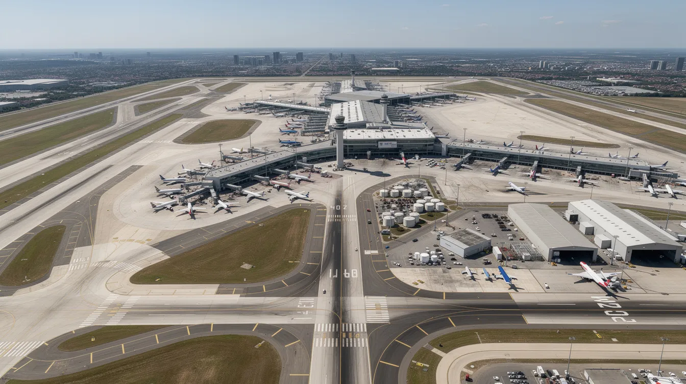An aerial view of a large international airport showcases multiple runways and taxiways, with numerous planes positioned for departure and arrival. This bustling scene emphasizes the airport's role in global flight tracking and its importance in managing flights to various destination airports around the world.
