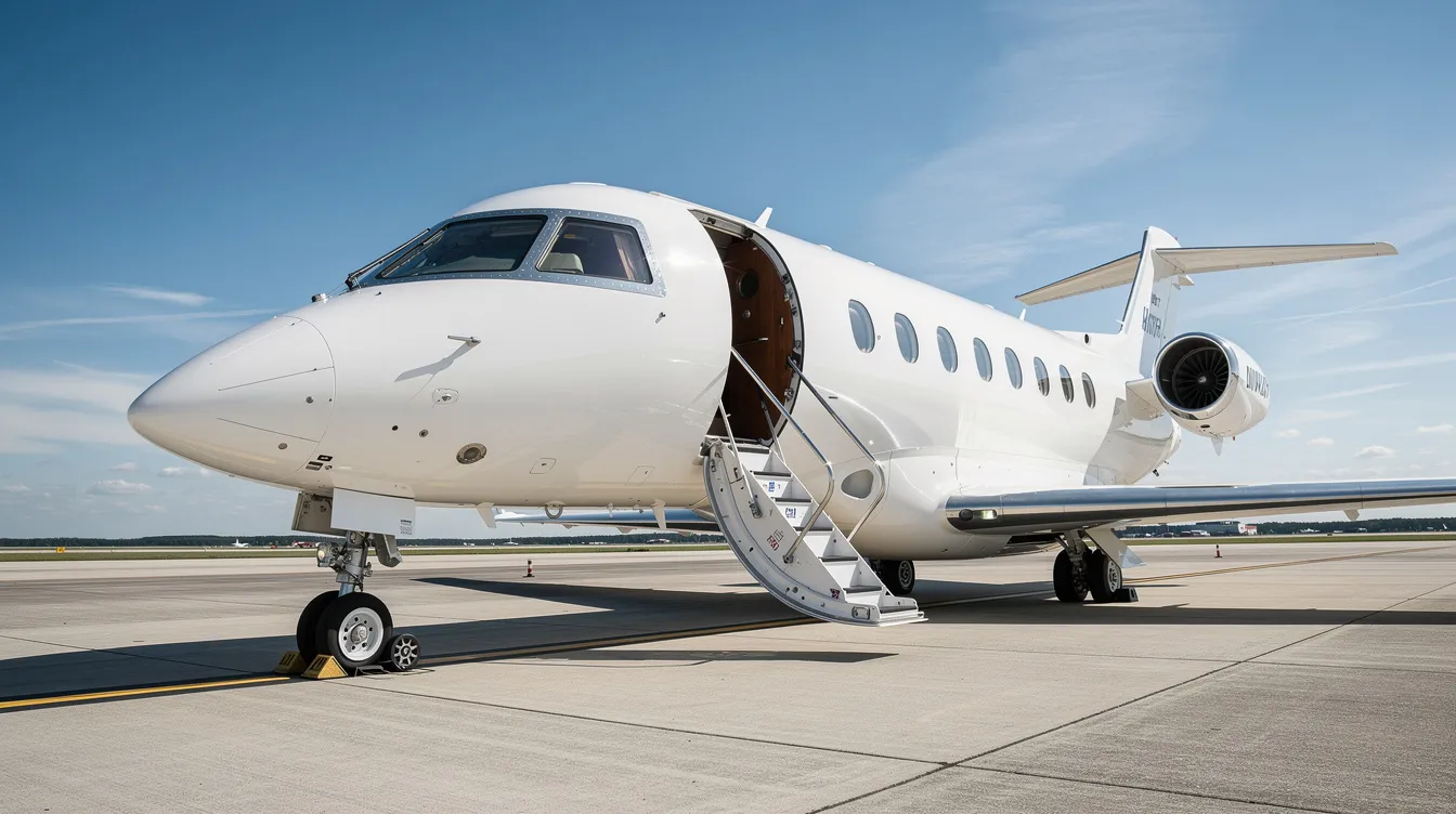 A private jet is parked on a tarmac with its stairs extended, set against a clear blue sky, indicating readiness for departure. This scene captures the essence of general aviation, highlighting the luxury and accessibility of private flights.