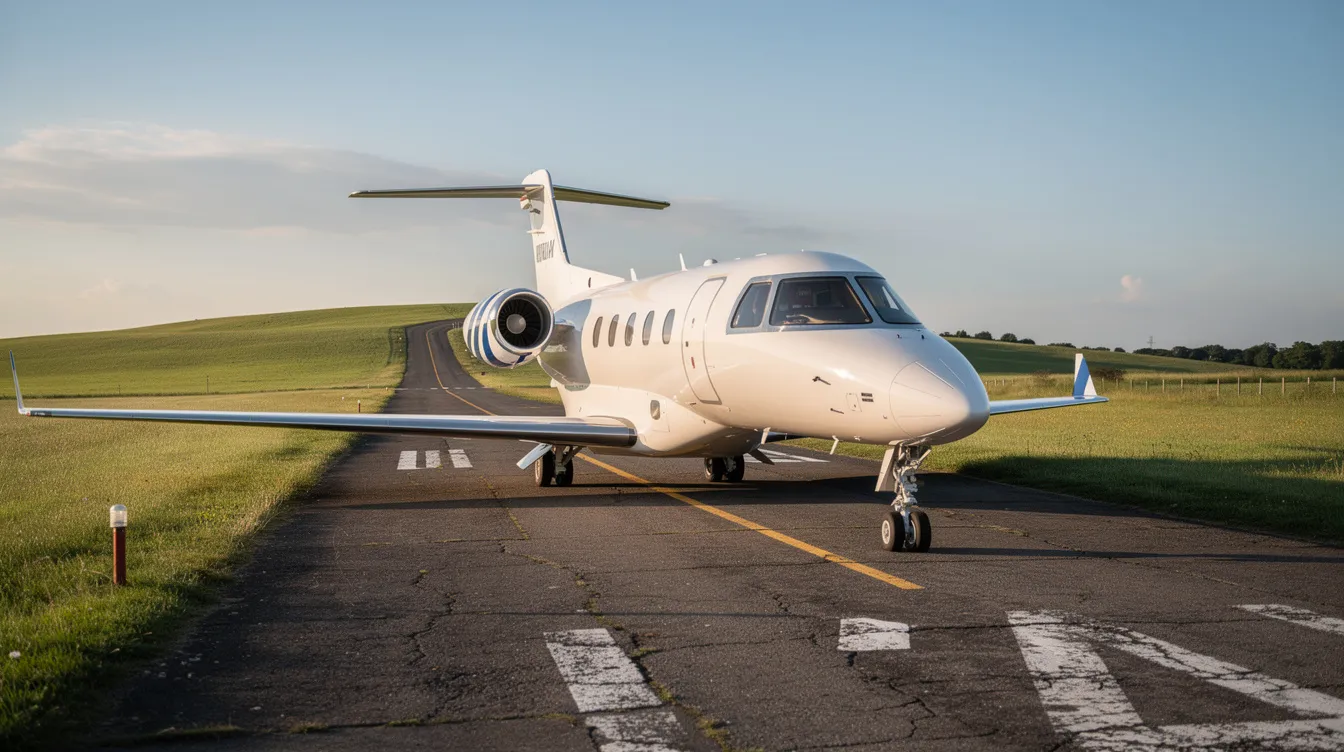 A light private jet is parked on a small asphalt runway at Floyd W. Jones Lebanon Airport, surrounded by rolling green hills typical of the Ozarks region in Missouri. The scene captures the tranquility of the area, perfect for travelers looking to depart or arrive in Lebanon, MO.
