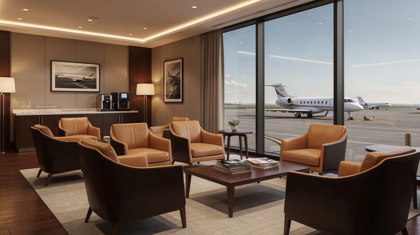 The image shows the interior of a comfortable private aviation lounge at Floyd W. Jones Lebanon Airport, featuring plush leather chairs and large windows that provide a view of the small airport ramp. The inviting space is designed with amenities for travelers, creating a relaxing atmosphere for pilots and guests during the summer months.