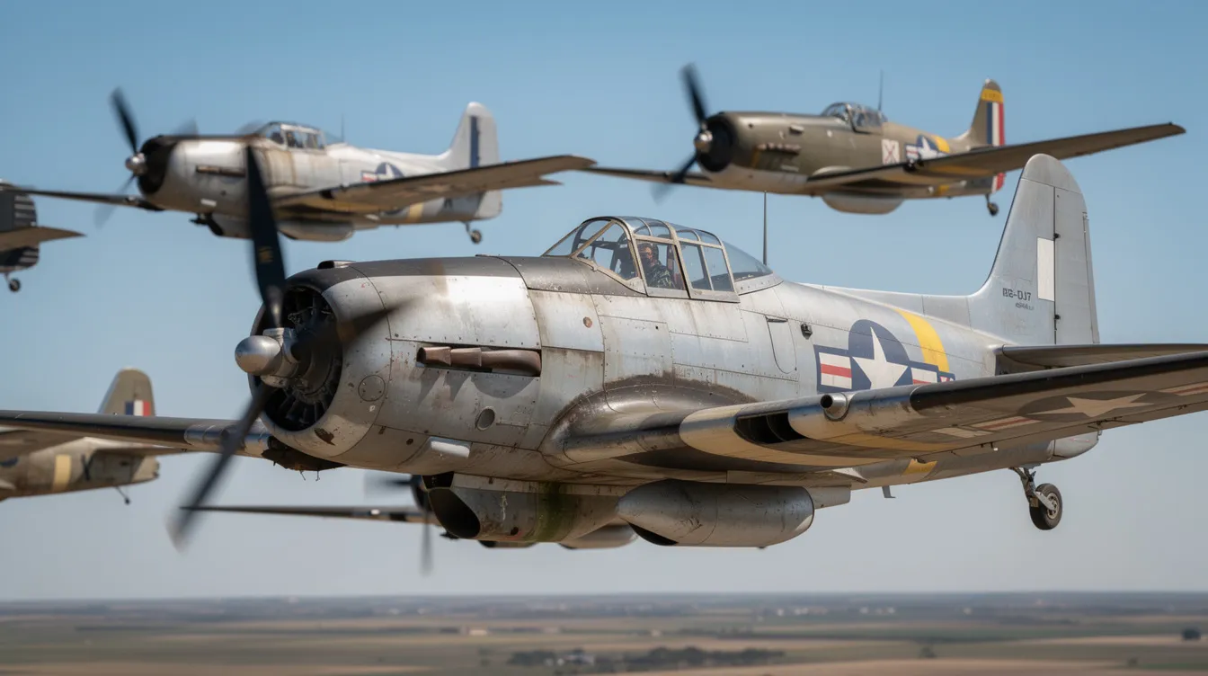 A vintage WWII-era military aircraft is soaring in formation against a clear blue sky, highlighting its historical design and intricate detailing. This scene resonates with the rich aviation history of Central Texas, particularly near Fort Hood and Robert Gray Army Airfield, where such aircraft once operated.