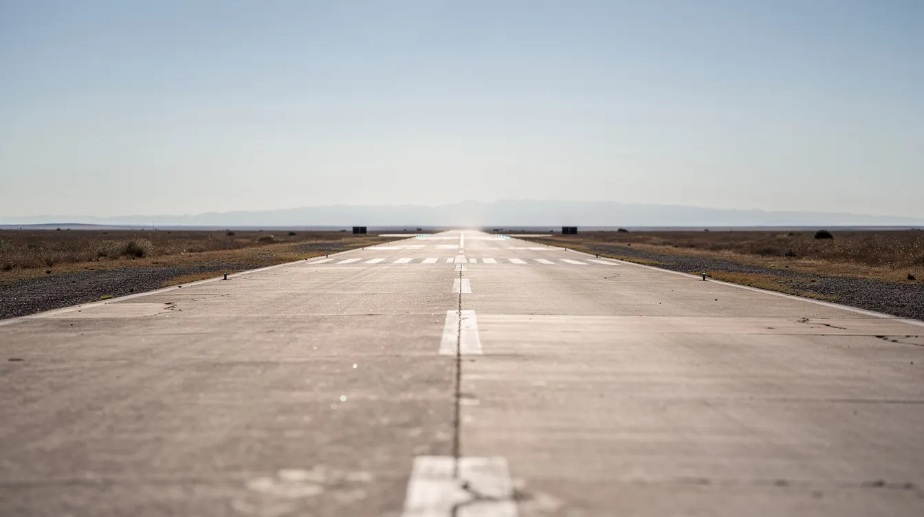 The image depicts a long runway at Robert Gray Army Airfield in Central Texas, with heat shimmer rising from the pavement under clear skies. Ground marshal personnel can be seen facilitating wide body aircraft movement along the south ramp, indicative of active airfield operations.