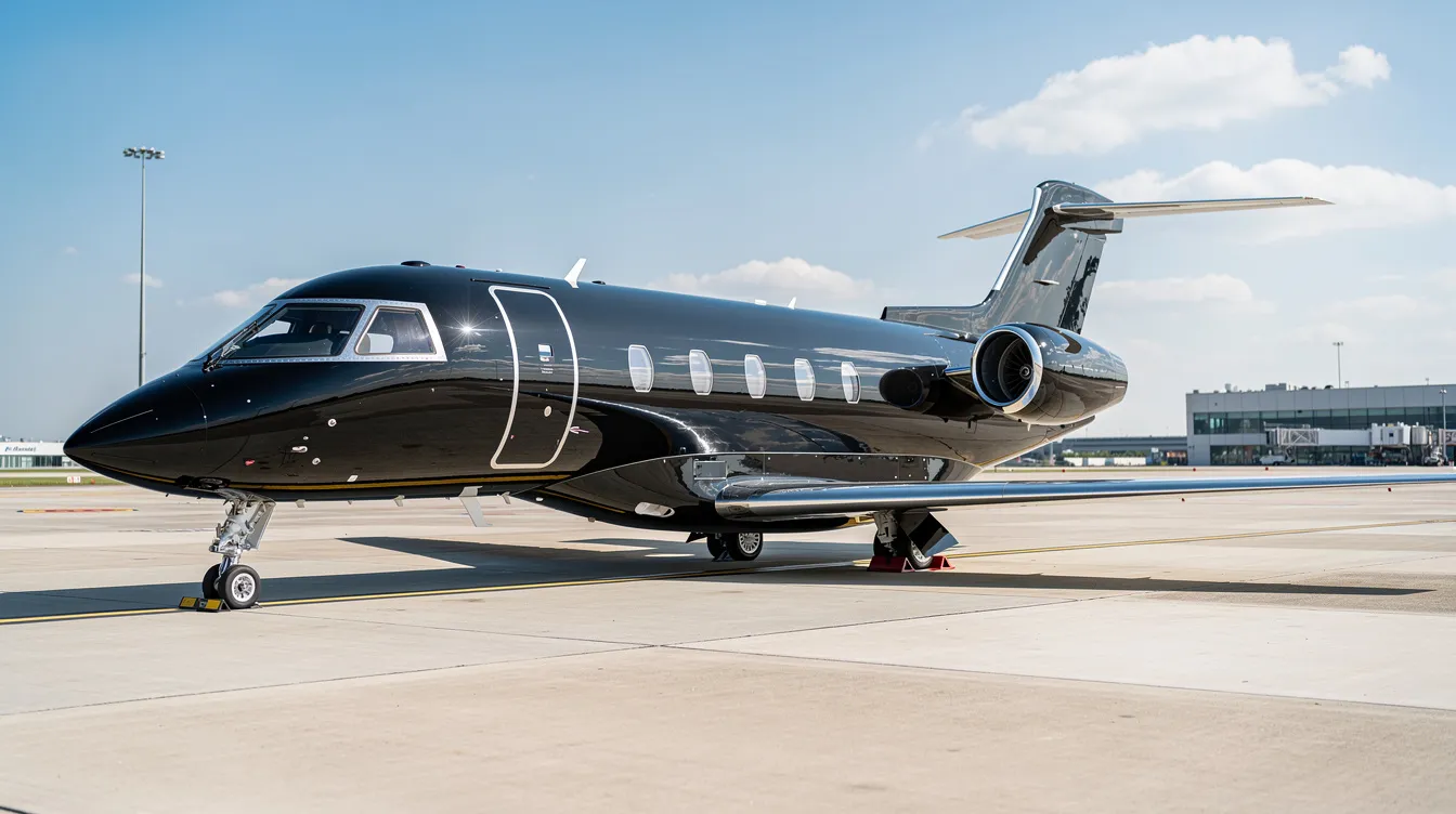 A sleek black private jet is parked on a sunny tarmac at Robert Gray Army Airfield, surrounded by clear skies and a vibrant atmosphere. Ground marshal personnel can be seen nearby, ensuring the safety and efficiency of the wide body aircraft movement in this busy airspace.
