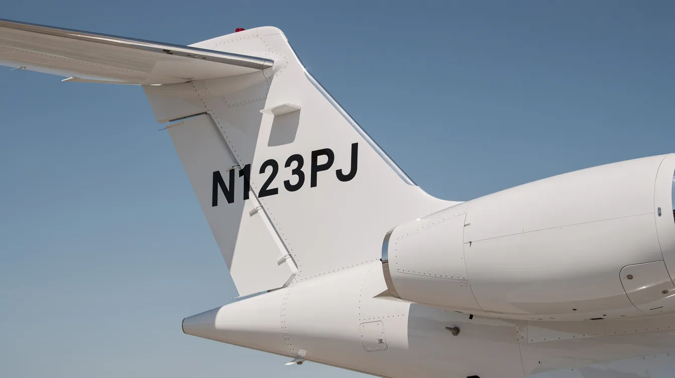 A close-up view of the tail section of a private jet displays a painted aircraft registration number against a clear blue sky, emphasizing the unique identity of the aircraft. This detail highlights the importance of tail numbers in identifying private jets and their ownership.