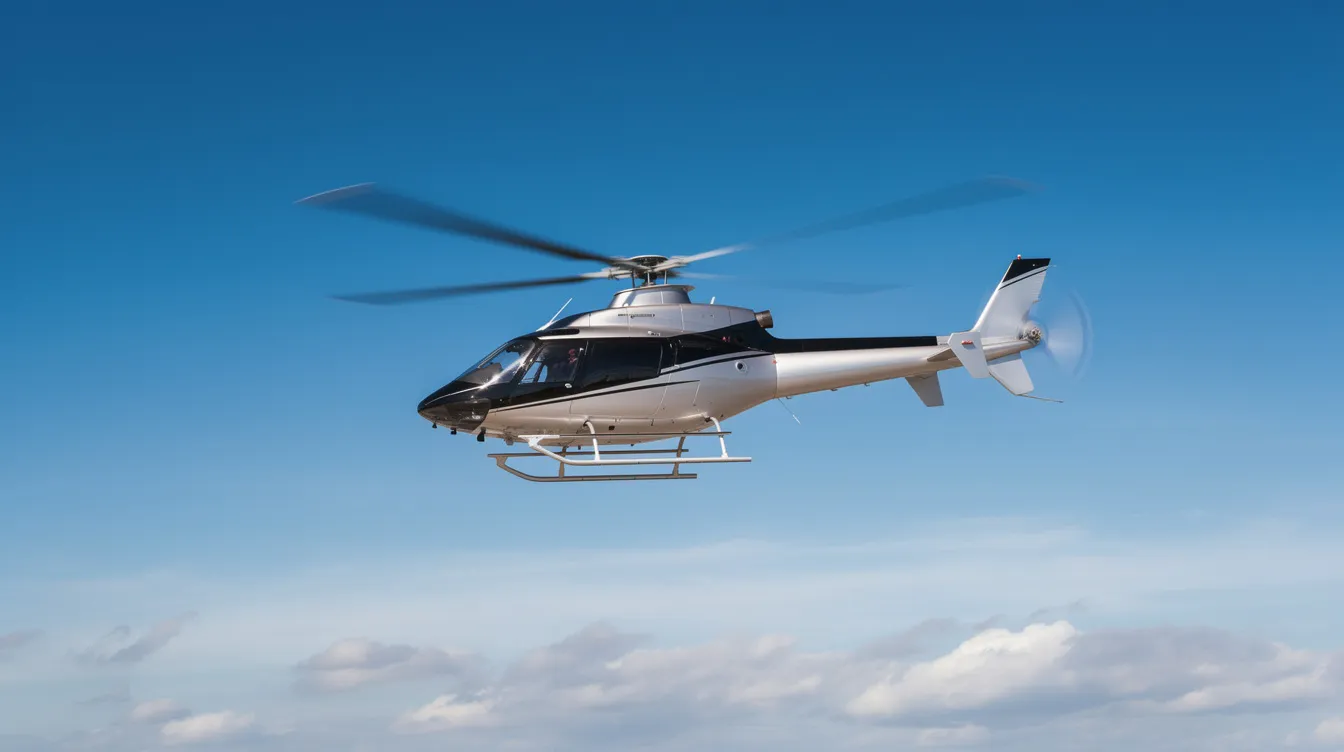 A sleek private helicopter soars through a clear blue sky, showcasing the excellence of helidosa aviation group. This image captures the essence of luxury flight and the freedom of access to stunning destinations like the Dominican Republic.