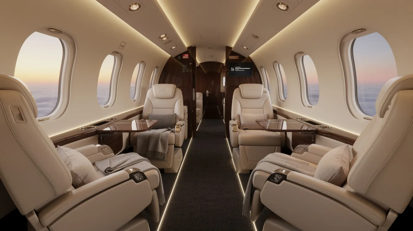The image depicts the luxurious interior of a private jet cabin, featuring plush leather seats and soft ambient lighting, creating an inviting atmosphere for passengers during their flight. This setting exemplifies the high standards and bespoke services offered by leading private jet companies like AirX, ensuring a great flying experience for clients.