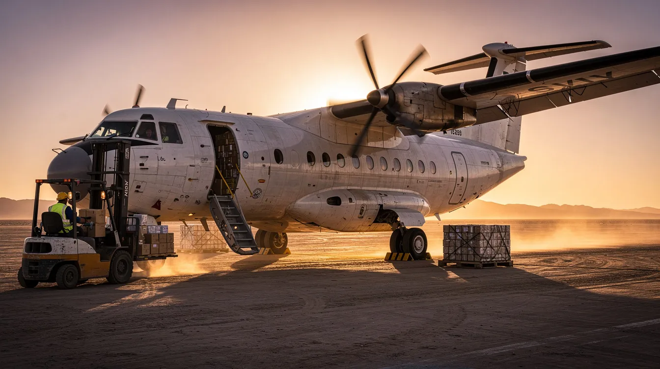 A turboprop cargo aircraft, specifically a Twin Otter from Zimex Aviation, is being loaded with supplies on a dusty desert airstrip at sunset, highlighting the dynamic operations of express cargo delivery. The scene captures the aircraft's readiness for missions that support clients across Africa, the Middle East, and Latin America.