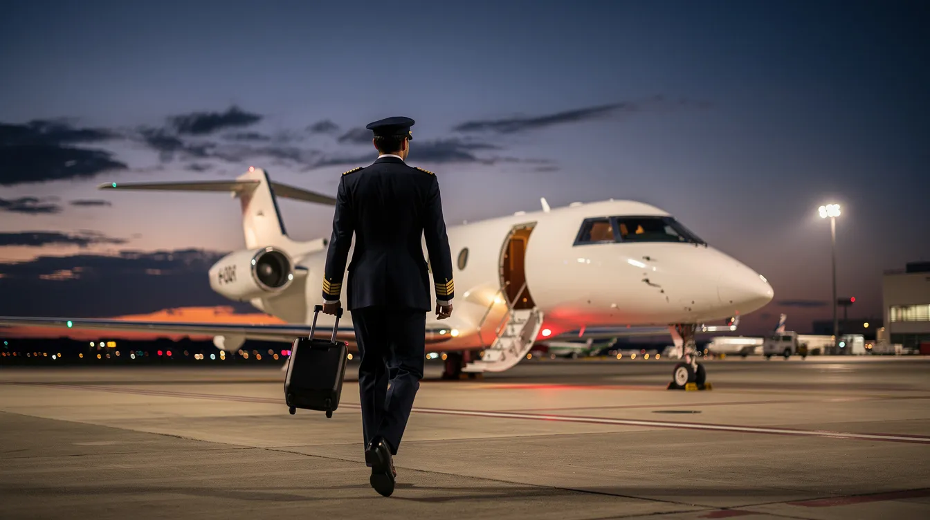 A pilot in uniform is walking toward a sleek business jet on a well-lit airport tarmac at dusk, with the soft glow of lights illuminating the scene. This image captures the essence of zimex aviation as the pilot prepares for a mission, emphasizing the dynamic operations and support provided by the aviation group.