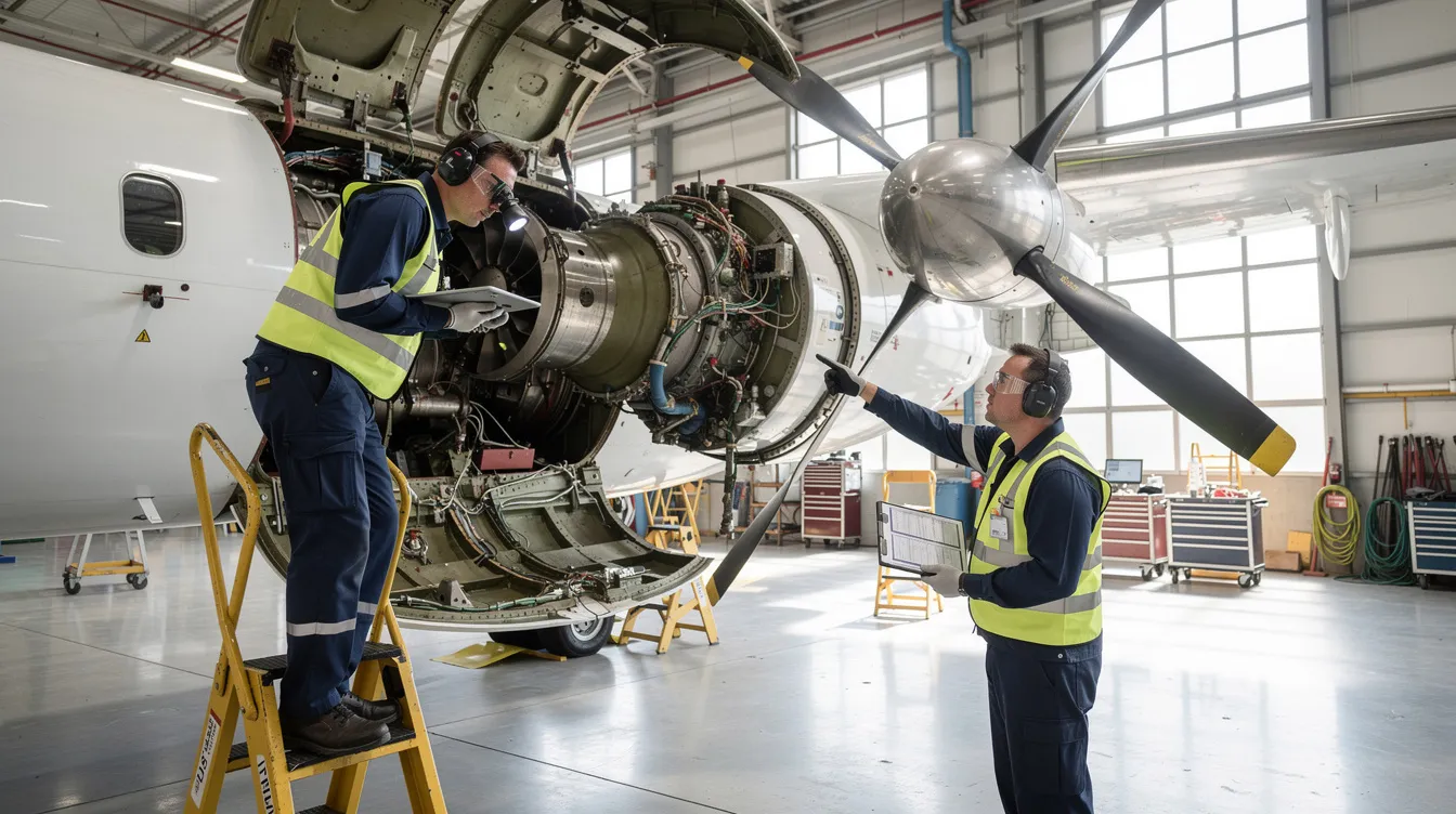 A group of aviation maintenance engineers is carefully inspecting a turboprop engine inside a hangar, ensuring it meets the standards for safe operations. This scene highlights the dedication of zimex aviation professionals in maintaining their fleet to support missions across the world.