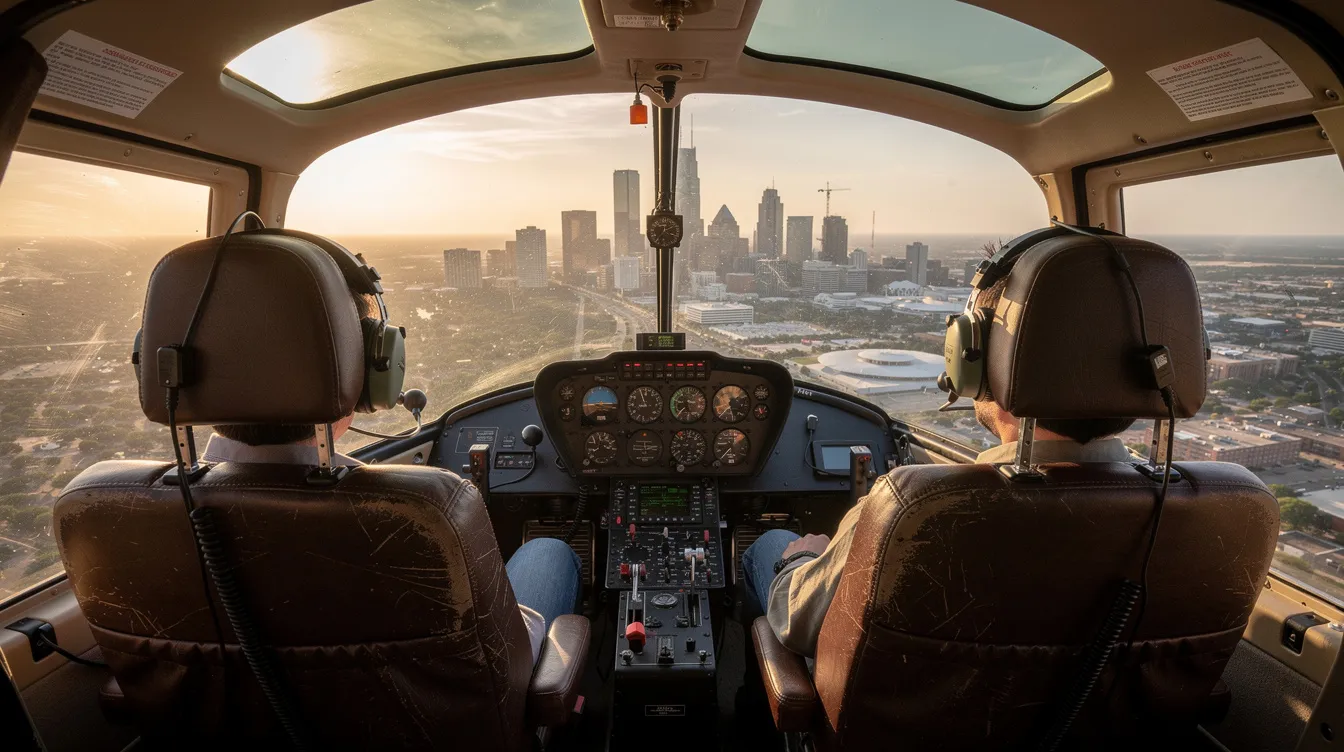 The image depicts the interior of a small helicopter cockpit, showcasing headsets hanging from the seats and a wide windshield that reveals breathtaking views of the skies. This helicopter experience offers passengers a unique perspective of downtown Dallas and its iconic landmarks, making it an unforgettable adventure.